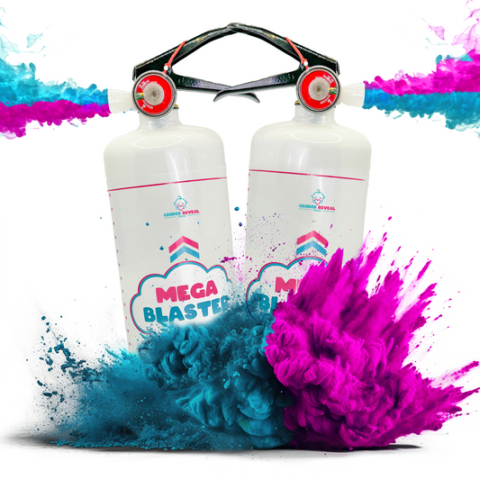 Double MEGA Powder Blaster gender reveal extinguishers with pink and blue powder explosions, featuring two white canisters connected by a black handle, displayed against white background with vibrant powder burst effects in blue and pink