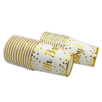 Oh Baby Gender Reveal cups with elegant gold and white design featuring polka dots and stripes for baby shower celebrations