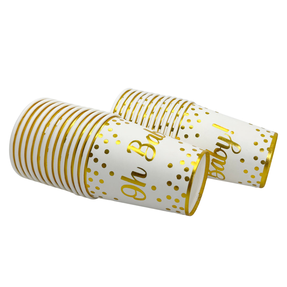 Oh Baby Gender Reveal cups with elegant gold and white design featuring polka dots and stripes for baby shower celebrations