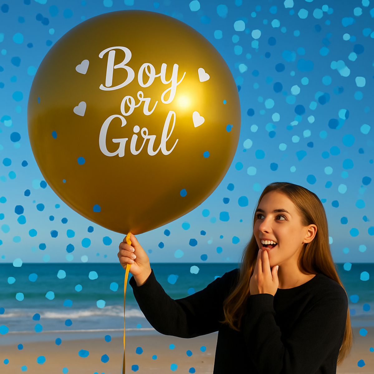 Deluxe Gold Mega Confetti Gender Reveal Balloon held by woman on beach with blue confetti background.