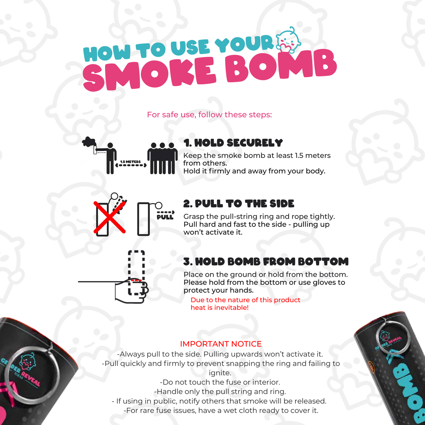 Extreme Gender Reveal Smoke Bomb instructional safety guide showing step-by-step directions for proper use, including maintaining safe distance, correct pull technique, and bottom placement, with product images and important handling notices