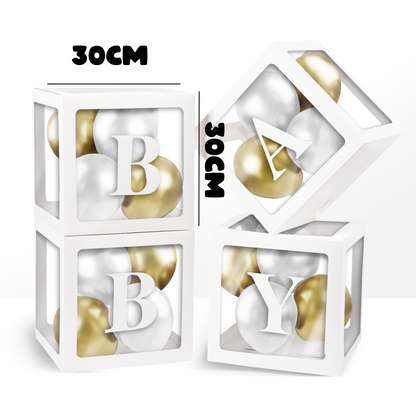 Large BABY Box & Balloon Set featuring white decorative boxes with letter cutouts spelling 'BABY', filled with elegant white and gold balloons. Each 30cm cube displays individual letters against a backdrop of mixed metallic and matte balloons creating a sophisticated display.