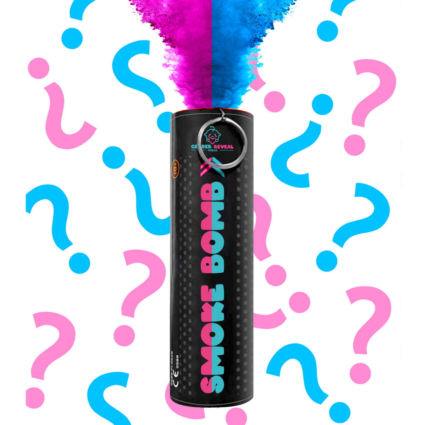 Extreme Gender Reveal Smoke Bomb/Emitter shown as black cylindrical canister releasing vibrant pink and blue smoke plumes, surrounded by decorative pink and blue question marks on white background. Product demonstrates dual-color smoke effect for gender reveal celebrations.