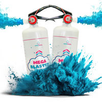 Gender Reveal Double MEGA Powder Blaster/Extinguisher set featuring two white canisters with pink and blue branding, connected by a black handle, surrounded by dramatic blue powder explosion effect against white background