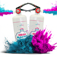 Gender Reveal Double MEGA Powder Blaster featuring two white extinguisher-style canisters with pink and blue design elements, displayed against explosive powder clouds in vibrant pink and blue colors, creating a dramatic gender reveal effect.