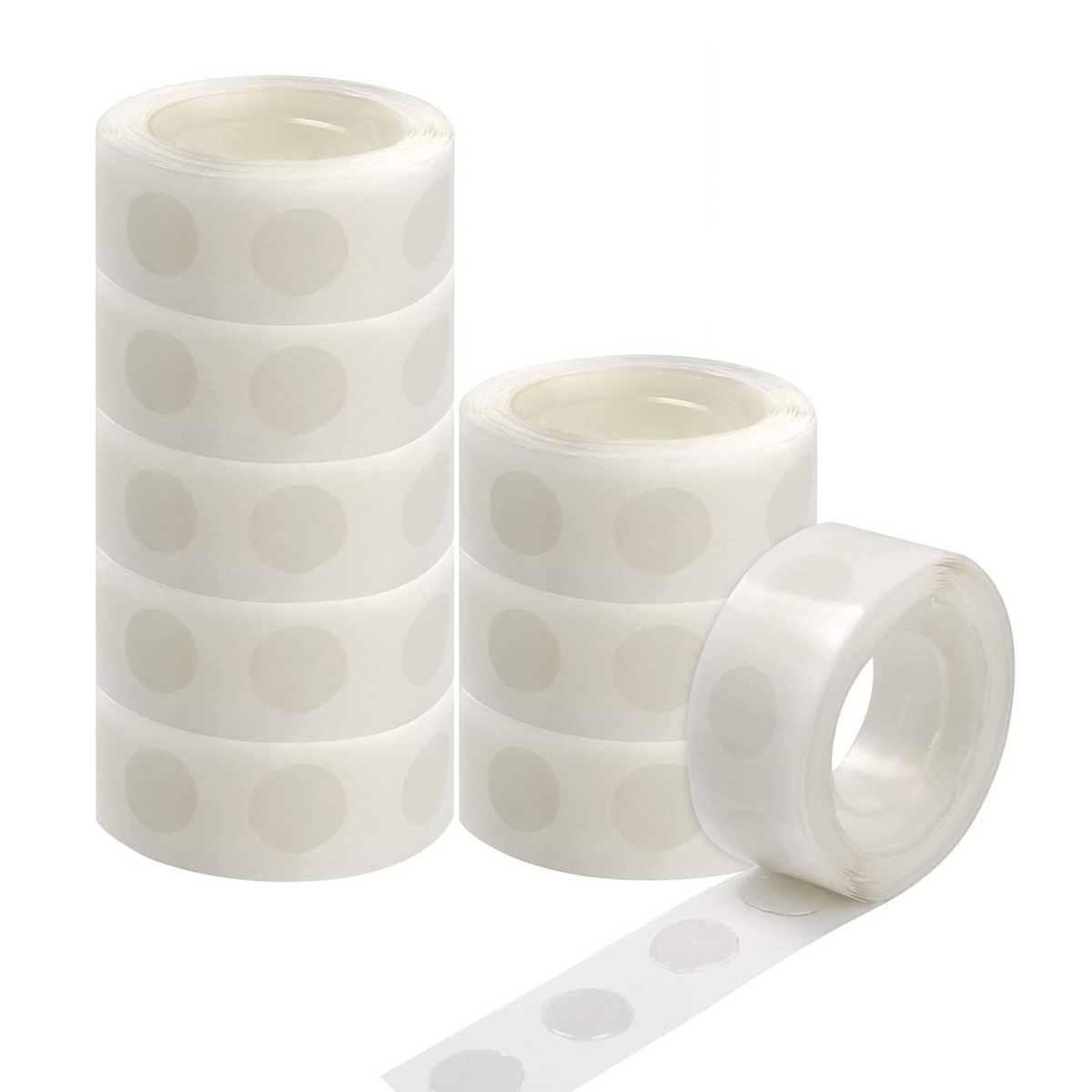 100 Double Sided Balloon Glue Dots shown as white transparent rolls of adhesive dots arranged in a stack, featuring clear circular adhesive points on a clean white backing strip, ideal for party decoration and balloon installations