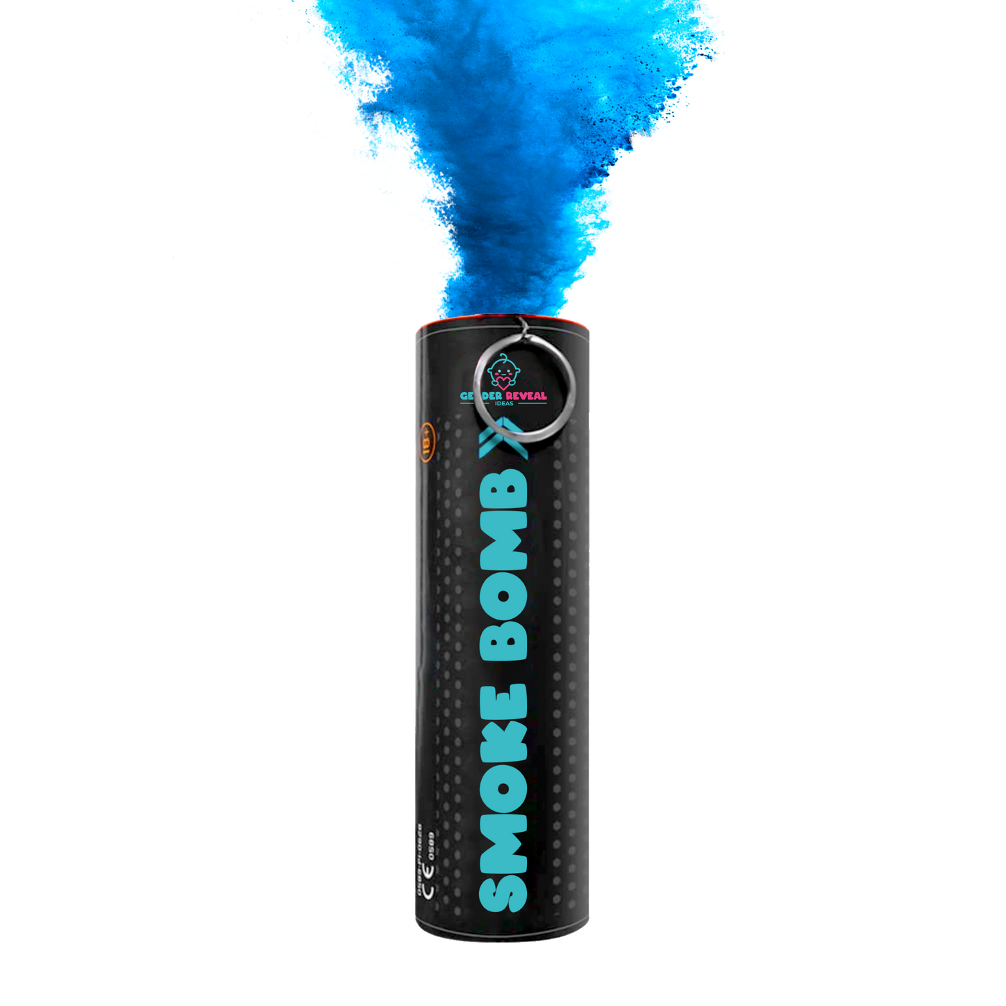 Extreme Gender Reveal Smoke Bomb emitting vibrant blue smoke from a black cylindrical canister, demonstrating the product's powerful smoke effect against white background. Perfect for gender reveal celebrations and special events.