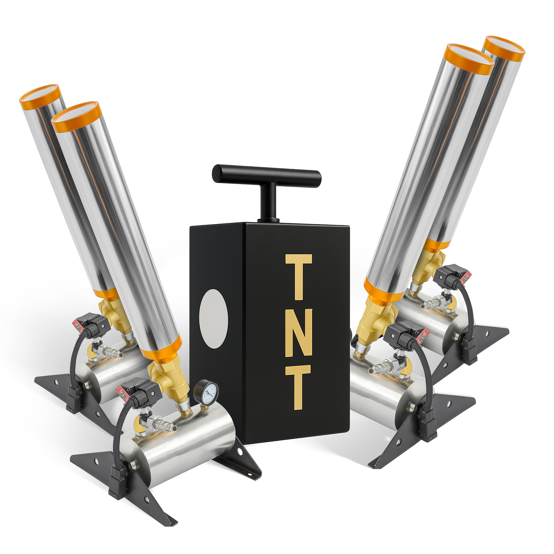 TNT Gender Reveal Self Hire kit with four silver cannons and black TNT box for explosive gender reveal celebrations.