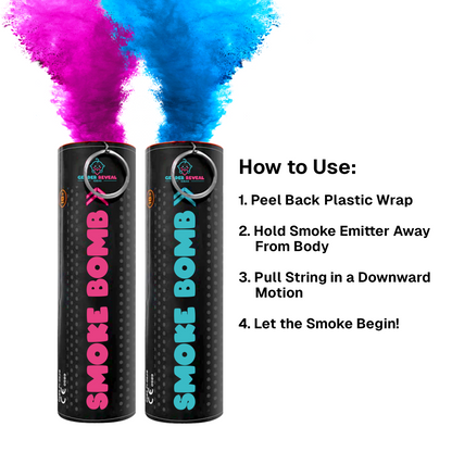 Extreme Gender Reveal Smoke Bomb/Emitter shown in black cylindrical canisters releasing vibrant pink and blue smoke plumes, with step-by-step usage instructions. Product displays self-lighting mechanism and demonstrates dramatic smoke effect for gender reveal celebrations.