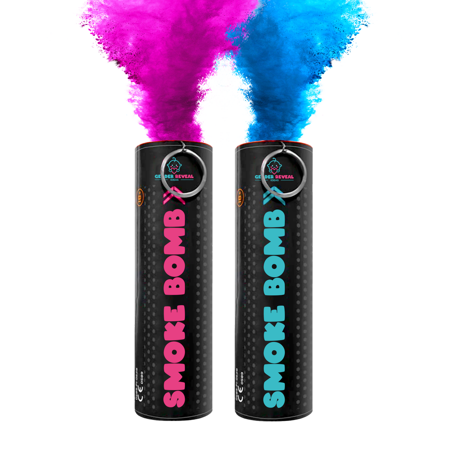 Extreme Gender Reveal Smoke Bomb/Emitter featuring two black cylindrical smoke bombs releasing vibrant pink and blue smoke plumes against white background, with clear product branding on each canister in matching colors.