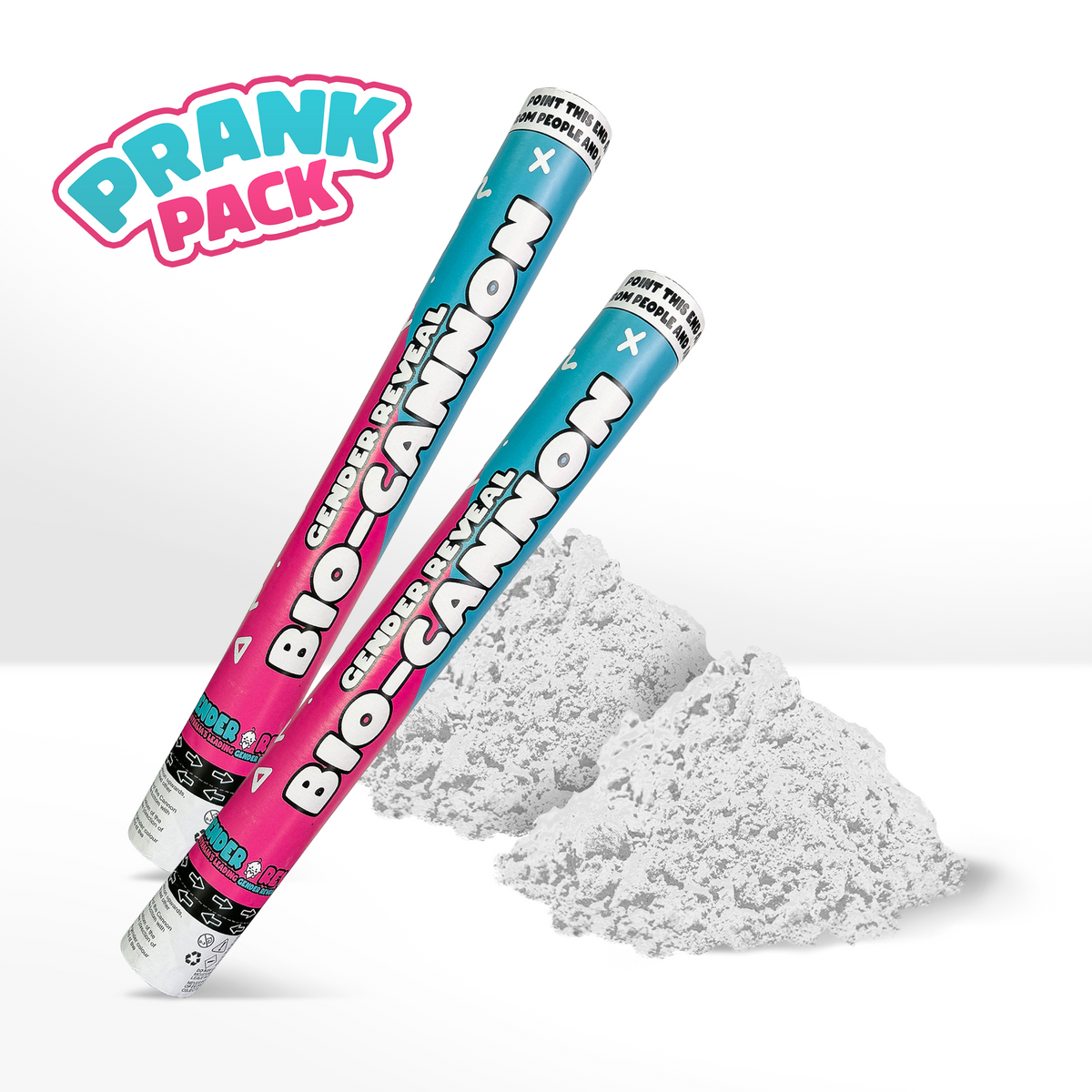 PRANK 2 Pack Gender Reveal Cannon shown with two pink and blue twisted tubes alongside piles of white powder, highlighting the playful prank product designed for surprise gender reveal celebrations.
