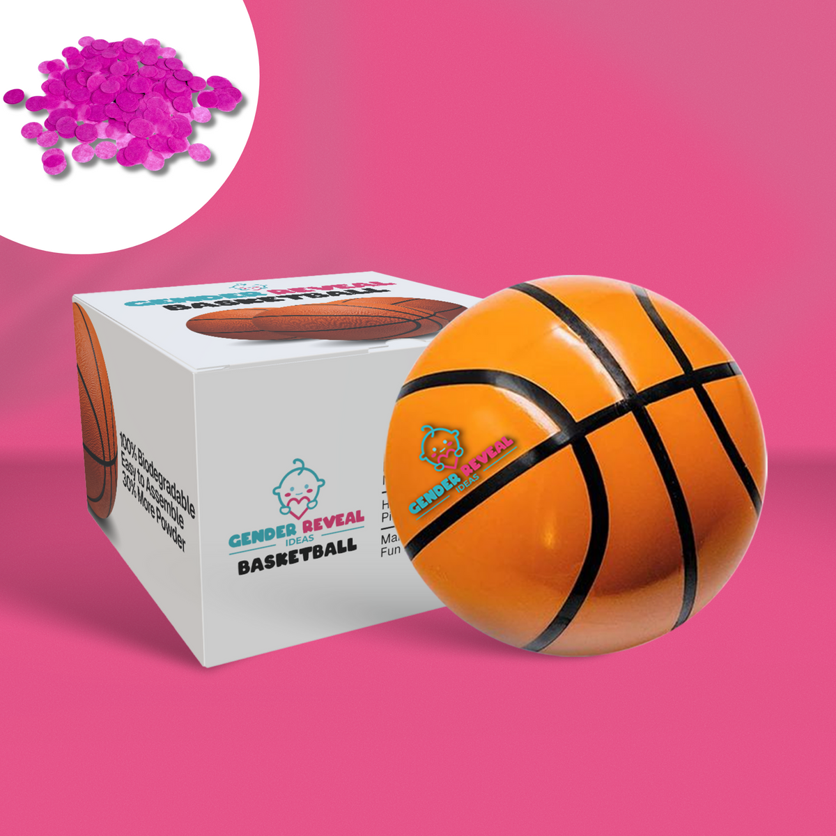 Gender Reveal Basketball shown with product box and pink powder packet against pink background. Traditional orange basketball with black stripes displayed next to white packaging featuring basketball design and brand logo.