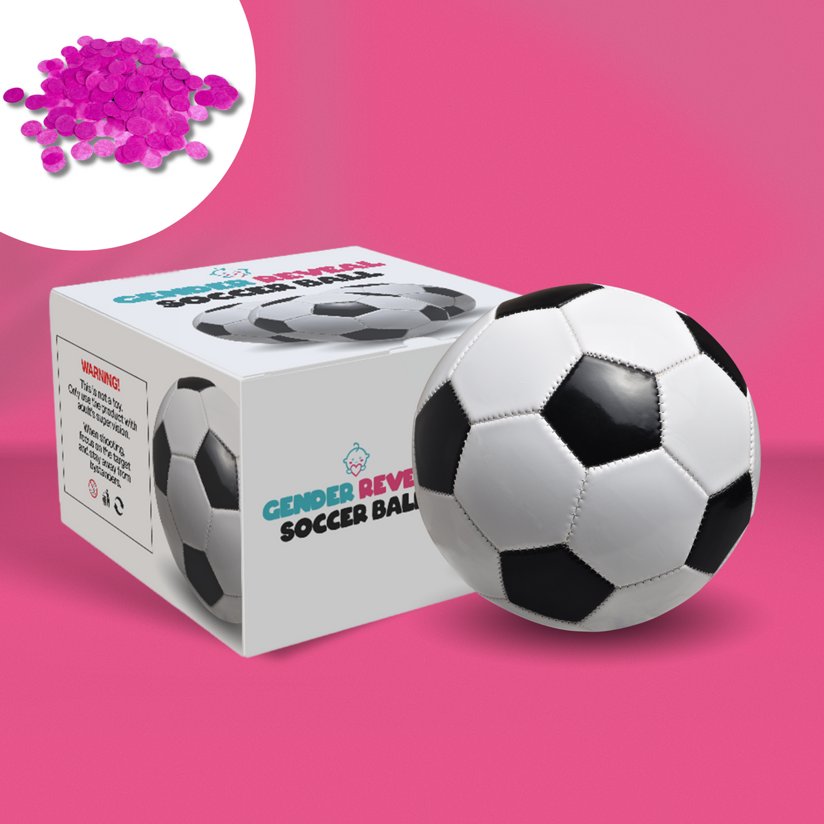 Sports Gender Reveal Soccer Ball shown with product box and pink powder confetti against pink background. Classic black and white soccer ball displayed next to retail packaging featuring soccer ball design and product branding.