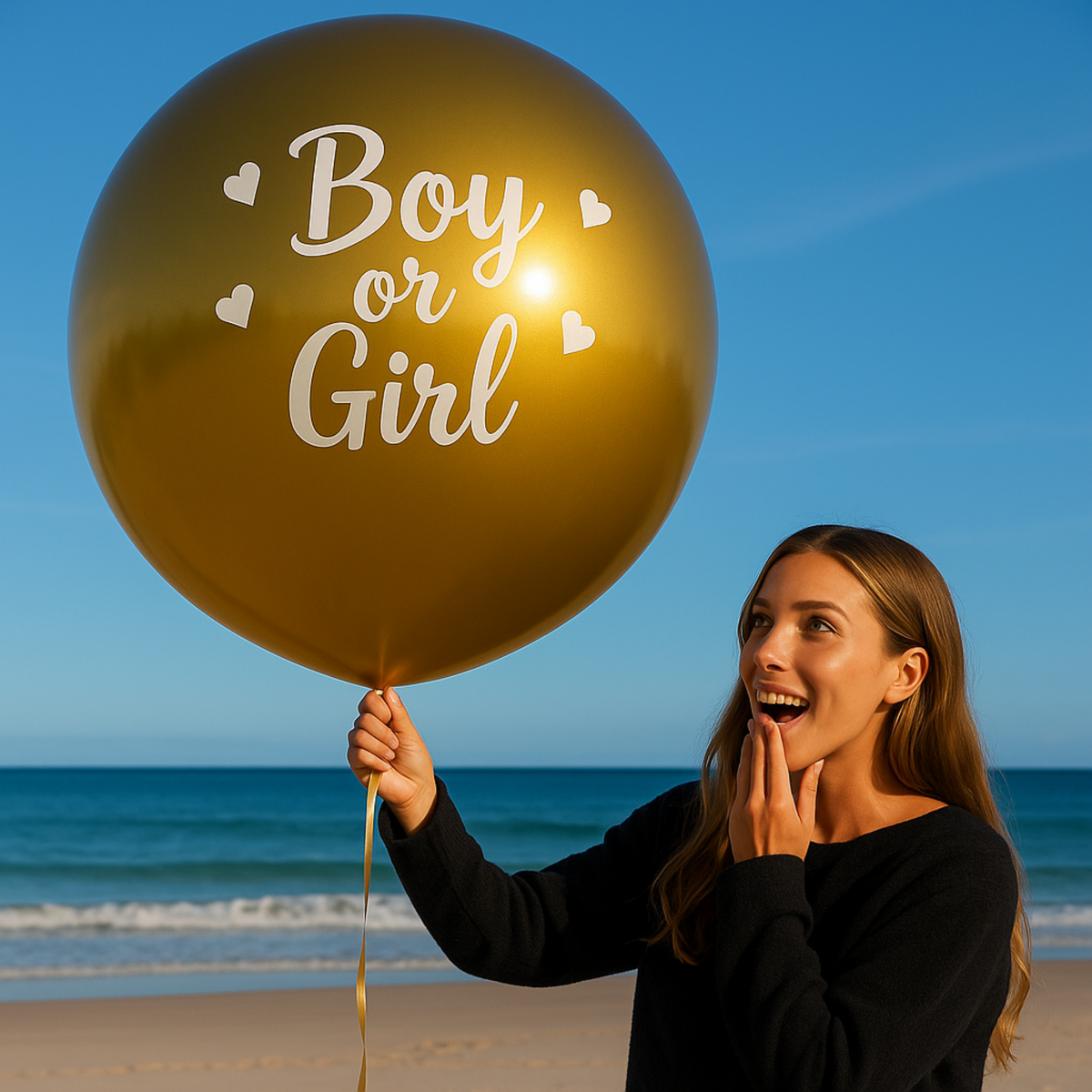 Deluxe Gold Mega Confetti Gender Reveal Balloon held by woman on beach with ocean background and clear sky.