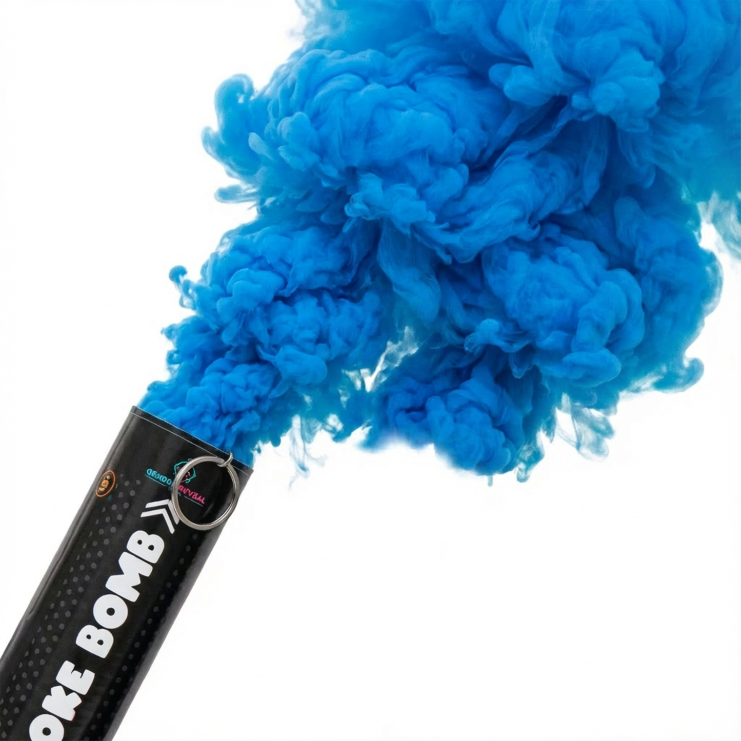 Black smoke bomb releasing dense blue powder smoke for gender reveal celebration event backdrop