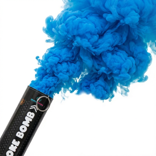 Black smoke bomb releasing dense blue powder smoke for gender reveal celebration event backdrop