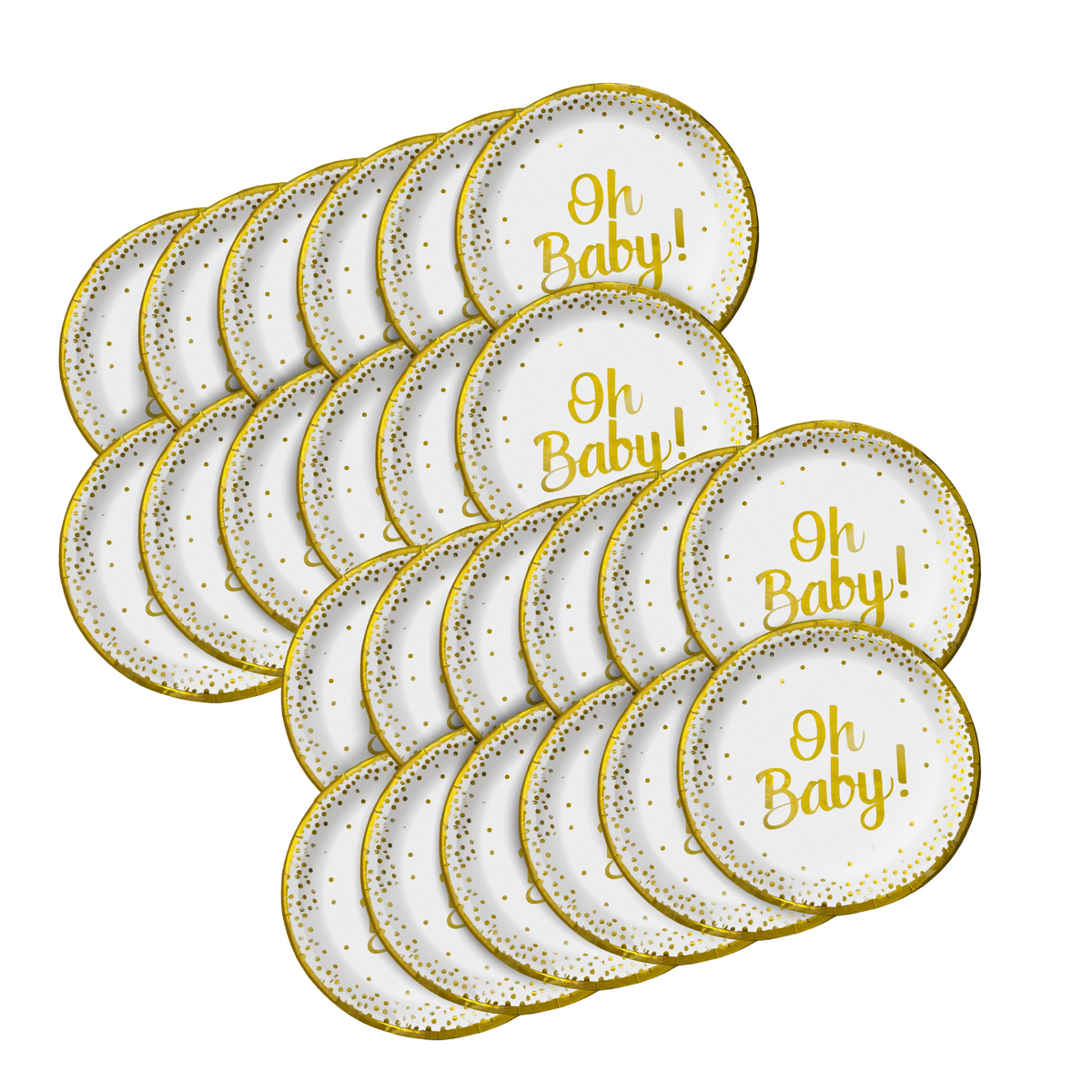 Oh Baby Gender Reveal Baby Shower Plates with white background and gold lettering and decorative gold dots edge.