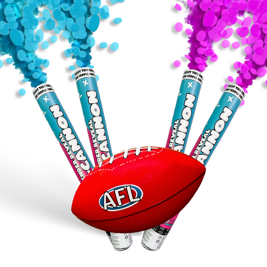 AFL Gender Reveal Ball & Cannon Family Bundle featuring a red AFL football positioned in front of four confetti cannons shooting vibrant blue and pink confetti streams against a white background, creating a dramatic gender reveal display.