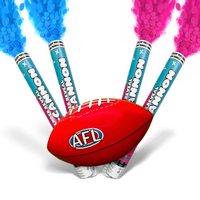 AFL Gender Reveal Ball & Cannon Bundle with red football and four smoke cannons in blue and pink colors