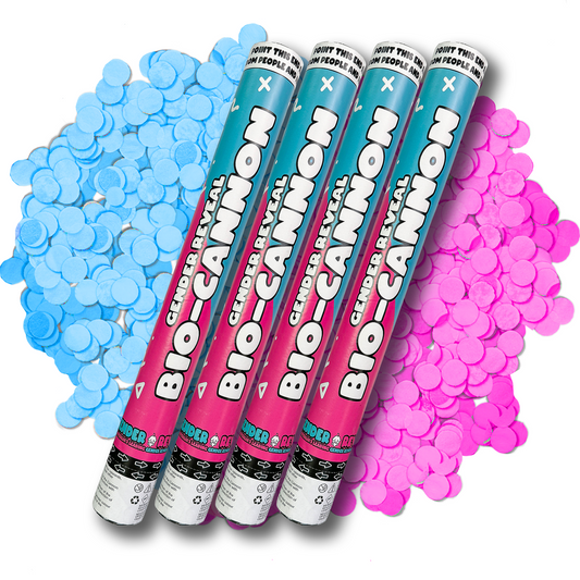 Gender Reveal Confetti Cannon XL BIO Bundle featuring four teal and pink biodegradable confetti launchers displayed against scattered blue and pink confetti circles, perfect for gender reveal celebrations and surprise announcements