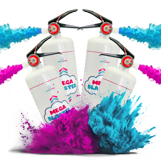 Quad Gender Reveal MEGA Powder Blaster extinguishers with bright pink and blue powder explosions, featuring four high-pressure dispensers with black handles displaying colorful powder bursts against white background