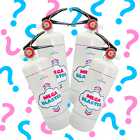 Four white Quad Gender Reveal MEGA Powder Blaster extinguishers with black nozzles arranged vertically, surrounded by decorative pink and blue question marks. Each blaster features a cloud-shaped logo and chevron design in pink and blue colors.