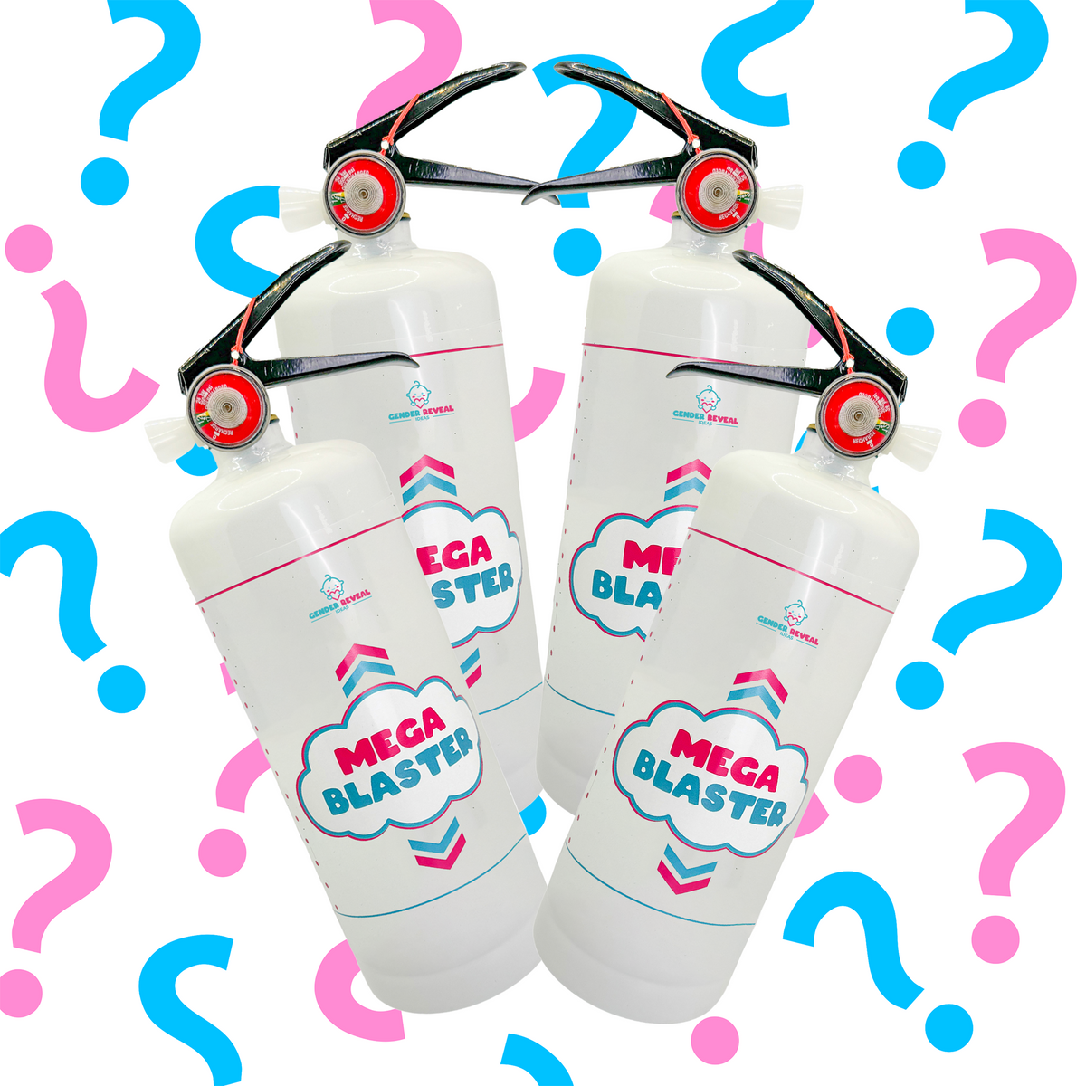 Four white Quad Gender Reveal MEGA Powder Blaster extinguishers with black nozzles arranged in a square formation, surrounded by pink and blue question marks. Each blaster features a cloud-shaped logo with 'MEGA BLASTER' text and chevron designs.