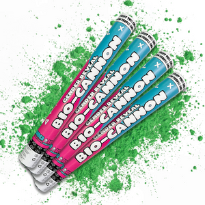 Green Party Powder Cannon BIO XL Bundle with four colorful gender reveal powder cannons and green powder burst background.