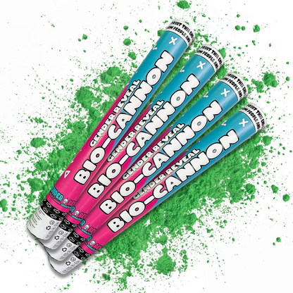 Green Party Powder Cannon BIO XL Bundle with four colorful gender reveal powder cannons and green powder burst background.