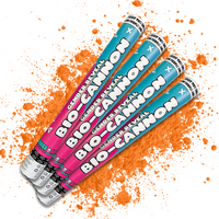 Orange Party Powder Cannon BIO XL Bundle with four colorful gender reveal powder cannons and orange powder splash background.