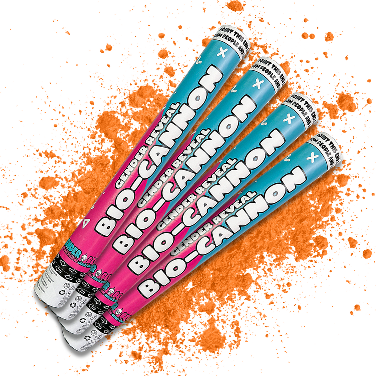 Orange Party Powder Cannon BIO XL Bundle with four colorful gender reveal powder cannons and orange powder splash background.