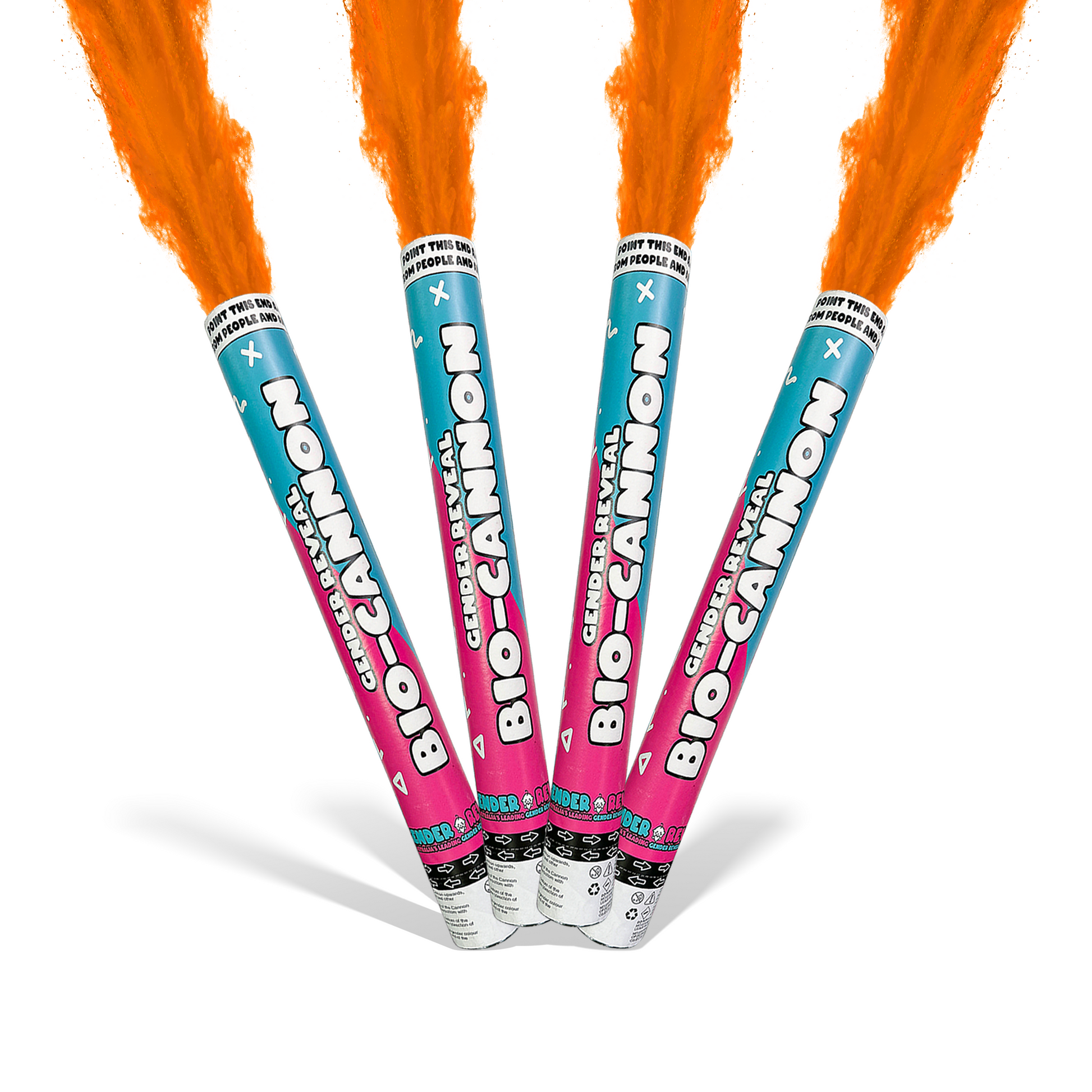 Orange Party Powder Cannon BIO XL Bundle with four cannons releasing vibrant orange powder for celebrations and gender reveals.