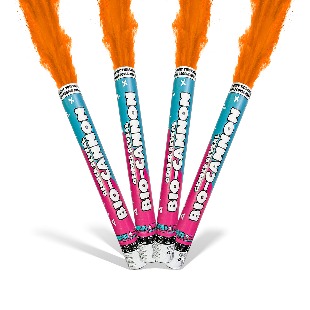 Orange Party Powder Cannon BIO XL Bundle with four cannons releasing vibrant orange powder for celebrations and gender reveals.