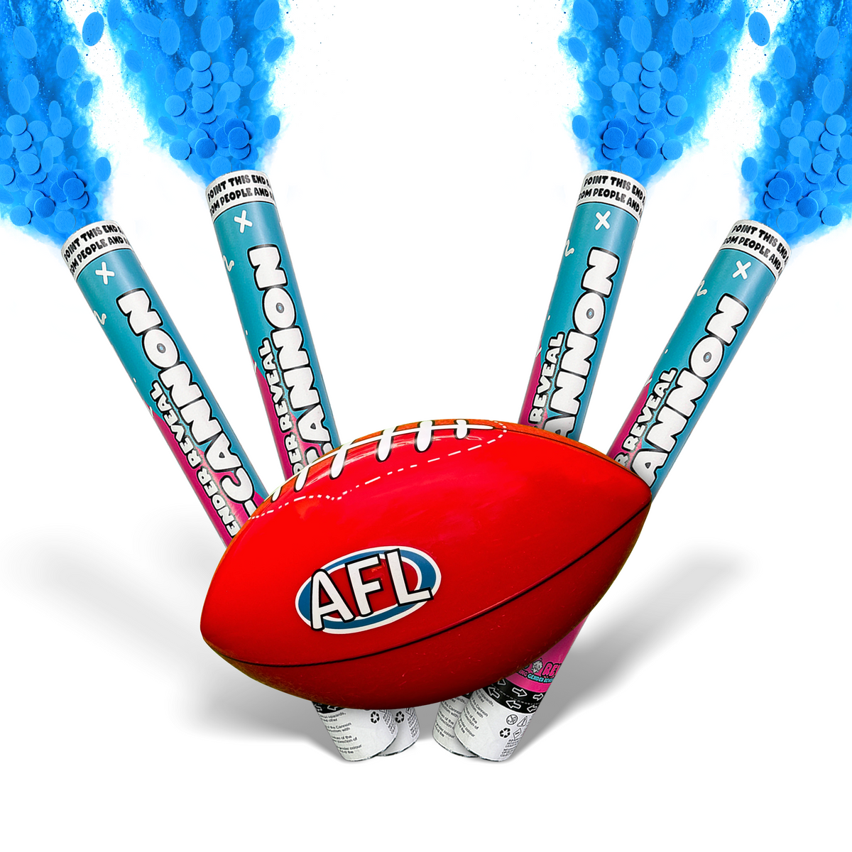 AFL Gender Reveal Ball & Cannon Bundle with red football and four blue smoke cannons arranged in display formation