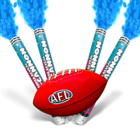 AFL Gender Reveal Ball & Cannon Bundle with red football and four blue smoke cannons for family celebration