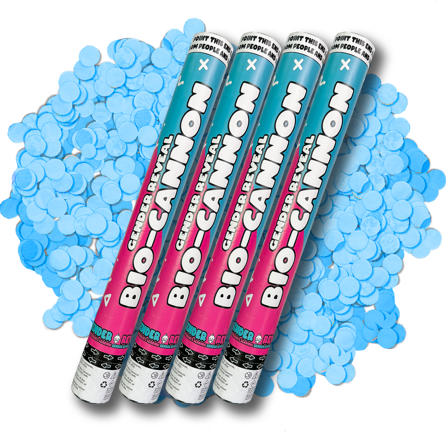 Family Gender Reveal Decoration Set featuring four pink and blue confetti cannons displayed diagonally against a scattered backdrop of light blue confetti pieces, ready for an exciting gender reveal celebration