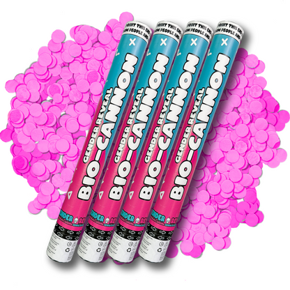 Family Gender Reveal Decoration Set featuring four teal and pink biodegradable confetti cannons displayed diagonally against a scattered pink confetti background, perfect for celebrating gender reveal moments and special announcements