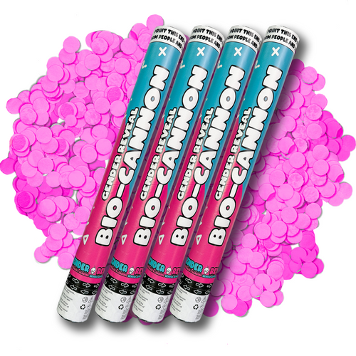 Family Gender Reveal Decoration Set featuring four teal and pink biodegradable confetti cannons displayed diagonally against a scattered pink confetti background, perfect for celebrating gender reveal moments and special announcements