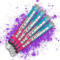 Gender Reveal Powder Cannon BIO XL Bundle showing four cannons with pink and blue labels on purple powder background.
