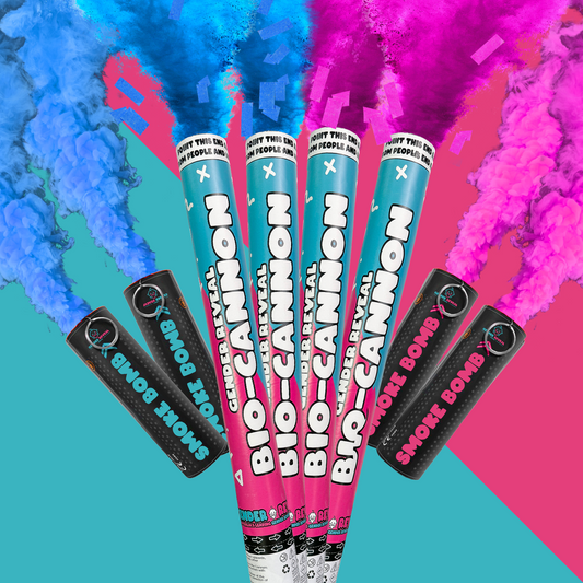 Gender Reveal Mega Smoke & Cannon Effect Bundle featuring four pink and blue smoke cannons displayed against vibrant blue and pink smoke background, showcasing dual-colored smoke effects for dramatic gender reveal celebrations