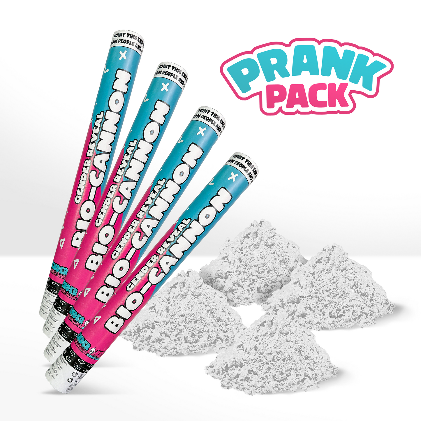 PRANK 4 Pack Gender Reveal Cannon bundle featuring four blue and pink striped confetti cannons with white powder piles displayed, accompanied by teal and pink cartoon-style logo. Product shown against white background demonstrating the contents and packaging.