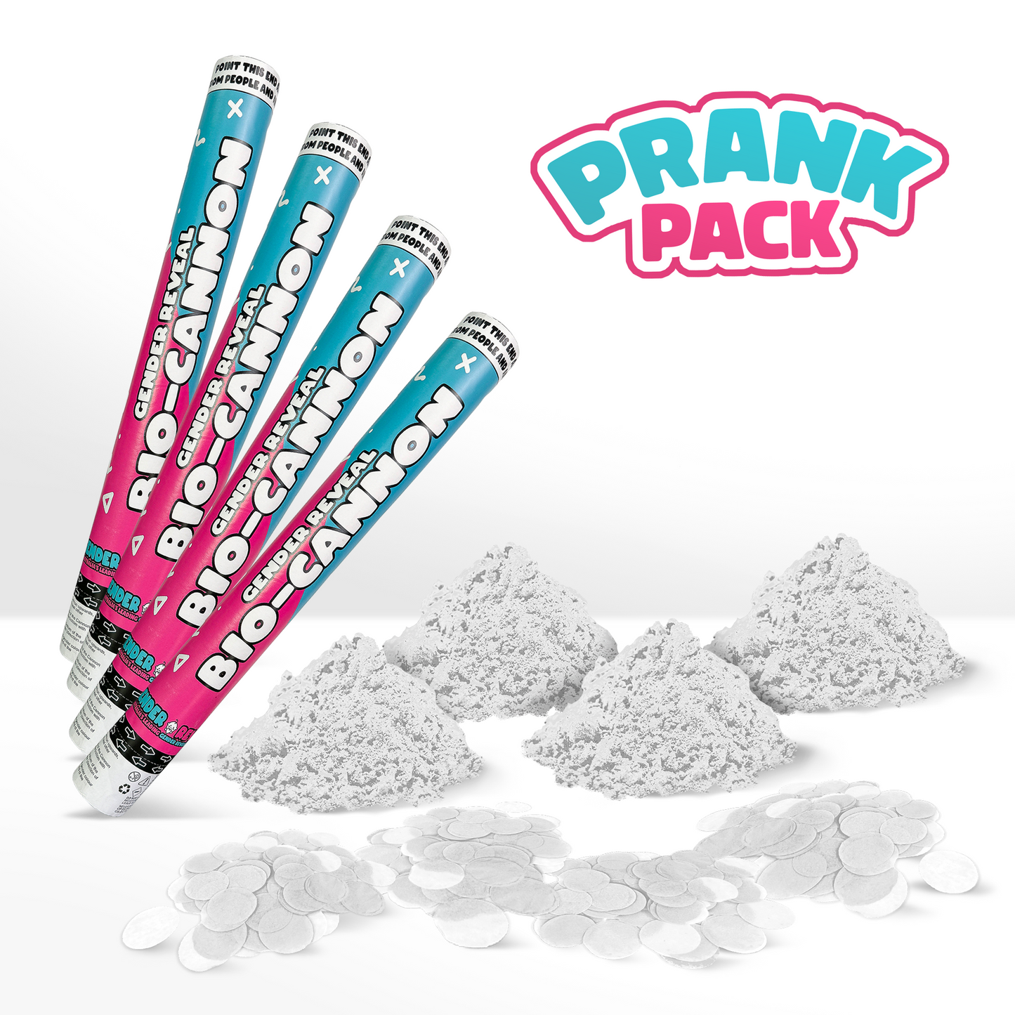 PRANK 4 Pack Gender Reveal Cannon shown with four pink and blue striped cannons alongside piles of white powder and biodegradable confetti, featuring a playful logo design in turquoise and pink colors against a white background