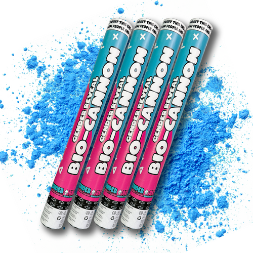 Family Gender Reveal Decoration Set featuring four blue and pink confetti cannons arranged diagonally against a vibrant blue powder splash background, showcasing the perfect party reveal accessories for expecting parents