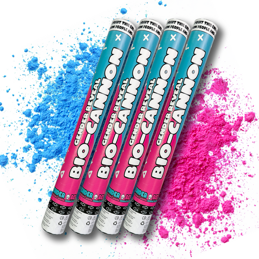 Gender Reveal Powder Cannon BIO XL Bundle featuring four pink and turquoise powder cannons displayed diagonally with vibrant blue and pink powder explosions against white background, showcasing dramatic color reveal effect for gender announcement celebrations