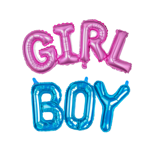 BOY GIRL Foil Air Fill Gender Reveal Balloons featuring metallic pink GIRL text stacked above blue BOY text, made from shiny foil balloon letters perfect for gender reveal party decorations