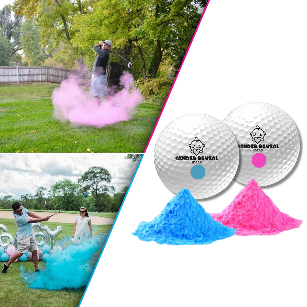 Gender Reveal Golf Balls showcasing explosive pink and blue powder effects with action shots of players striking the balls, creating vibrant color clouds in outdoor settings. Product image displays branded golf balls alongside powder piles in corresponding gender-reveal colors.