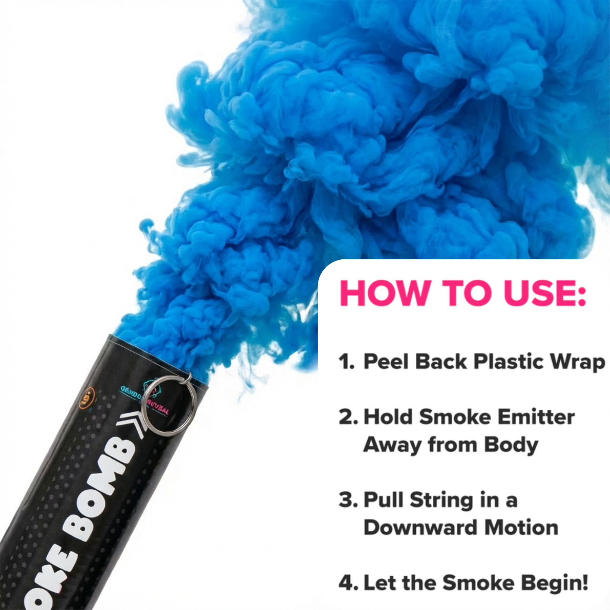 Black smoke bomb releasing dense blue smoke with usage instructions for gender reveal celebrations