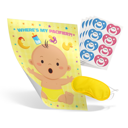 Gender Reveal Pin The Dummy Game with blindfold, pacifier stickers, and baby poster for party fun.