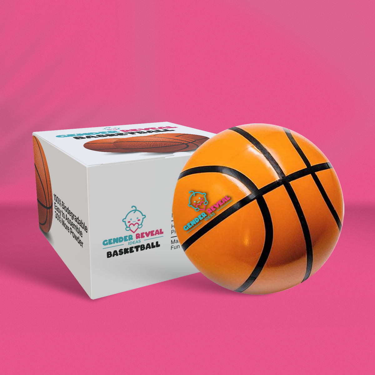 Gender Reveal Basketball shown with product box against pink background, featuring classic orange basketball with black stripes and white product packaging displaying basketball theme and branding for gender reveal celebrations.