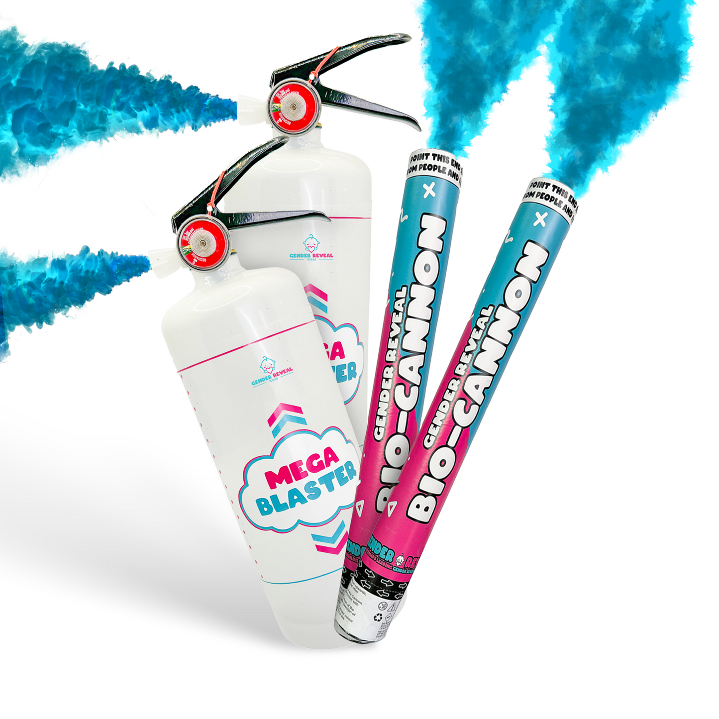 Double MEGA Powder Extinguisher & Gender Reveal Cannon Bundle featuring two powder-filled cannons releasing vibrant turquoise blue smoke trails against white background, alongside a white decorative extinguisher with pink and blue accents and Mega Blaster branding.